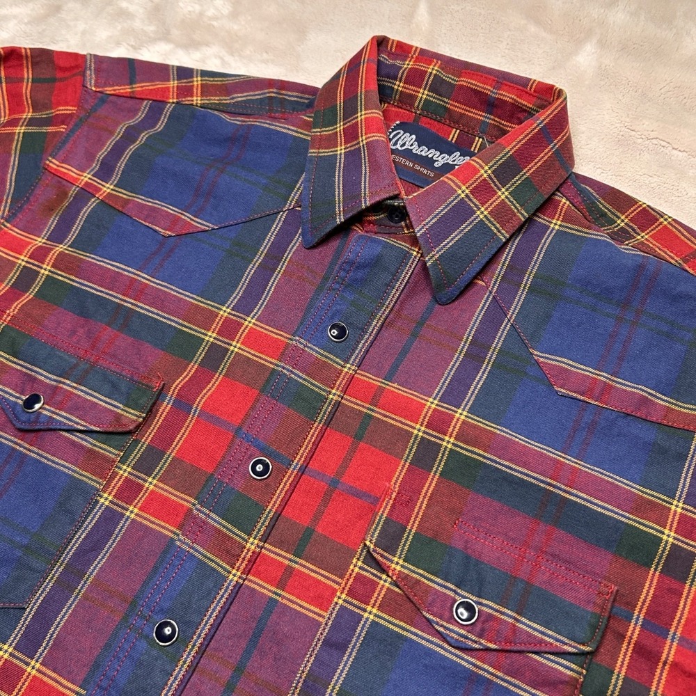 Vtg Wrangler Pearl Snap Shirt Mens 15.5 34 Plaid Western Cowboy Rodeo Workwear - Picture 2 of 8